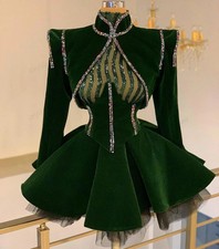 Hunter Green Velvet Short Prom Dresses High Neck Crystal Cocktail Party Gown