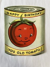 Anthropomorphic Fruit Can vintage Birthday Card Pear Tomato Peach Plum