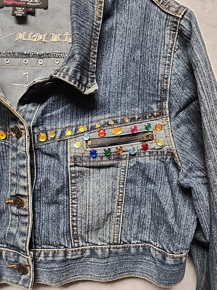 老式 90 年代 Y2K 白金毛绒刺绣流苏牛仔裤夹克尺寸 XL Crop Trucker — 第 3/4 张图片