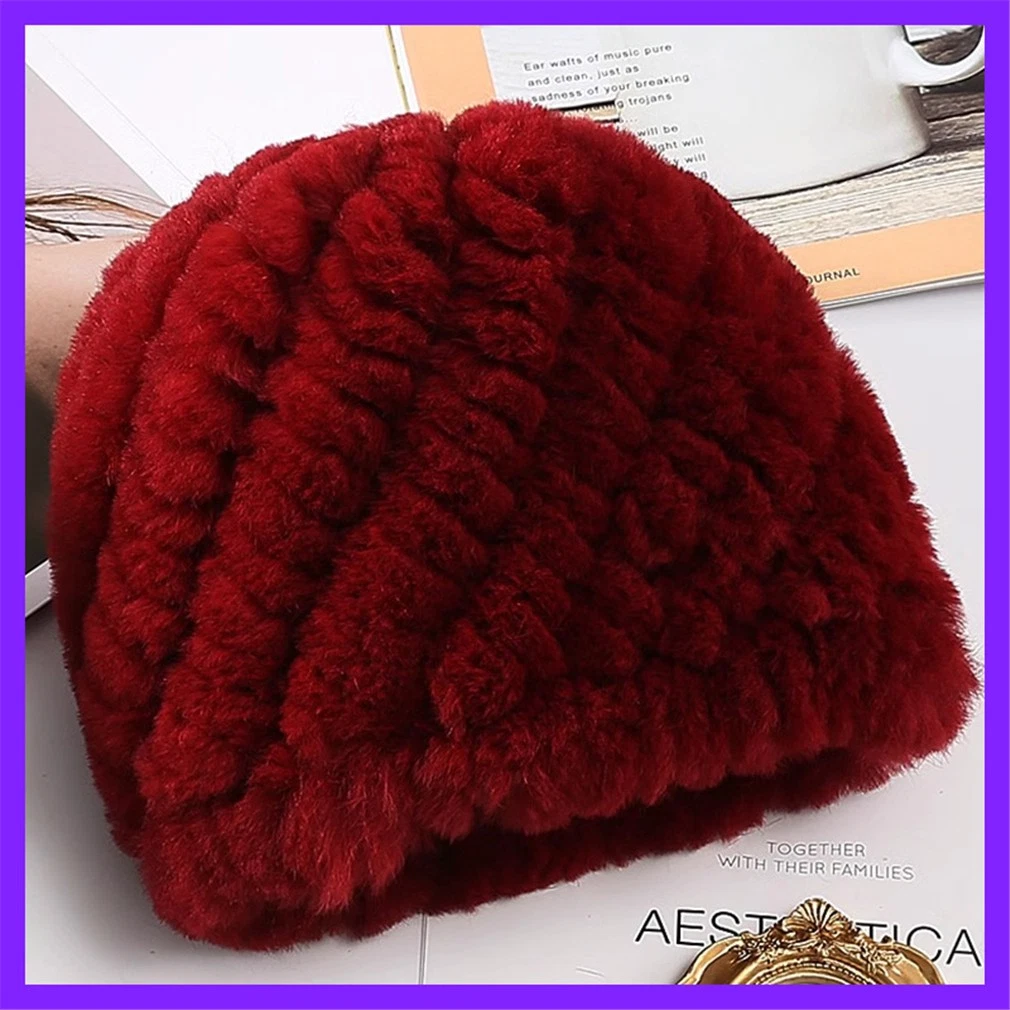 100% Real Rabbit Fur Hat and Scarf Thicken Winter Warm Knitted Cap for Women