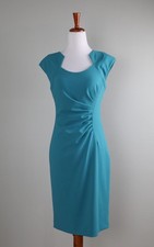 CALVIN KLEIN $129 Solid Turquoise Crepe Stretch Pleated Sheath Dress Size 2