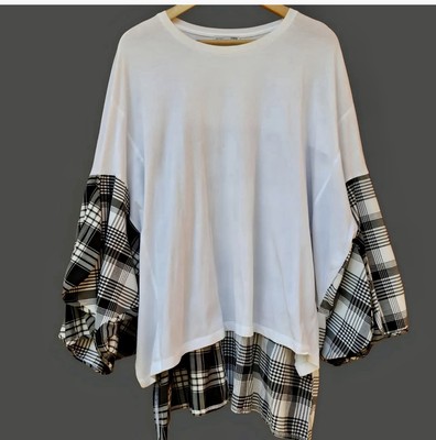 Zara Contrast Top With Full Sleeve Shirt Woman M White/Gray Plaid Oversize Tunic