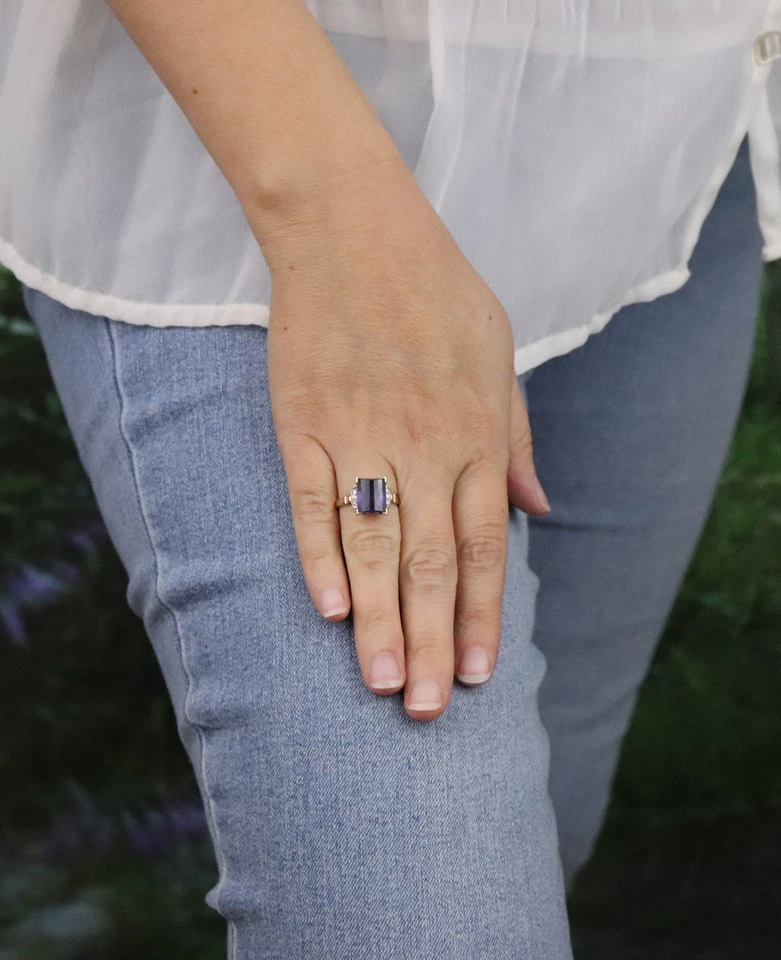 10k Yellow Gold Lab Created Purple Sapphire and Diamond Ring Size 6 1/4 Art Deco - Image 4 of 4