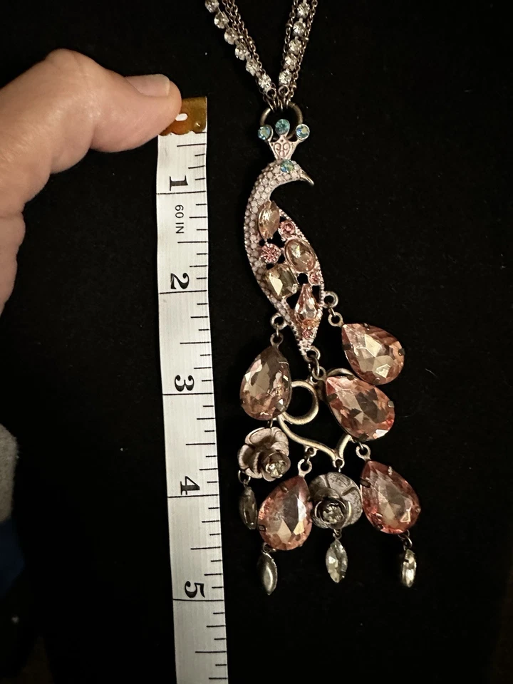 BETSEY JOHNSON "PINKTINA" PINK PATINA CRYSTAL PEACOCK LONG PENDANT NECKLACE - Image 4 of 4