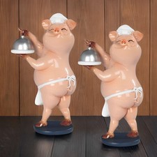 2-PC Gift Set 7.75"H Piggy Chef Holding Tray Figurine Ornament Home Decor Gift