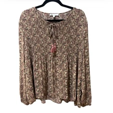 DR2 Daniel Rainn Boho Release Pleat Tassel br Tie Long Sleeve Blouse SZ L EUC