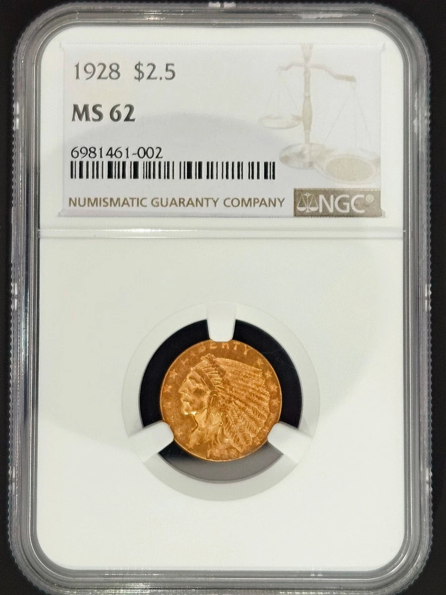 MS 62 Graded 1928 Year Quarter Eagle $2.50 US Gold Coins (Pre