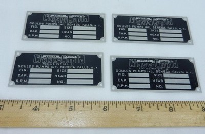 4 Vtg GOULDS PUMPS CLOSE CUPLD Metal Tags Specs Seneca Falls New York Signs