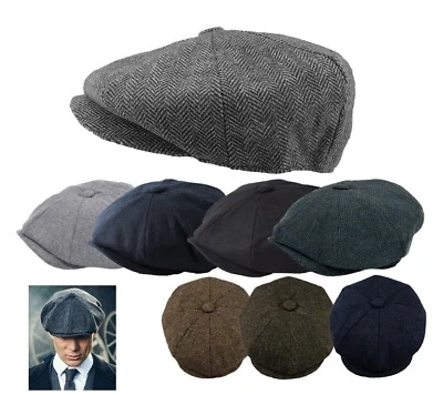 Peaky Blinders Hat Newsboy Flat Cap Herringbone Tweed Wool Baker Boy Gatsby