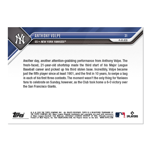 2023 Topps NOW #31 Anthony Volpe- 5th To Steal Base - Free Shipping Always! - Picture 2 of 2
