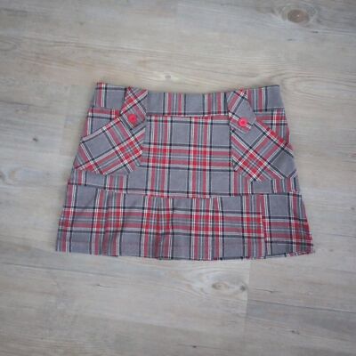 Vintage Grey Red Plaid Pleated Grunge Mini Skirt