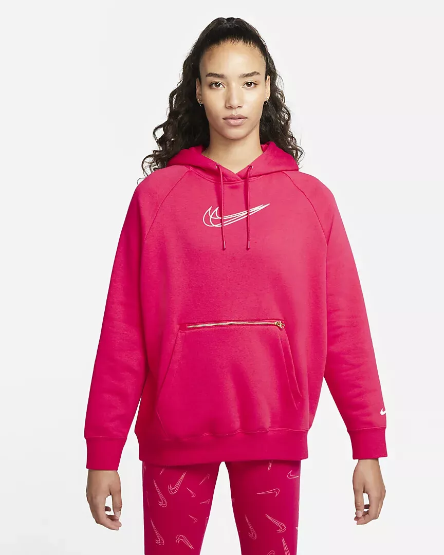 Women s NIke Metallic Oversized Fleece Hoodie L Bery Red Zipper