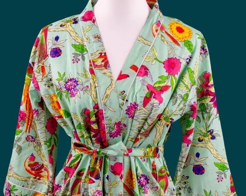 Indian Green Floral Robe Cotton Long Kimono Women's Nightwear Robe Gown Dress US - Picture 2 of 2