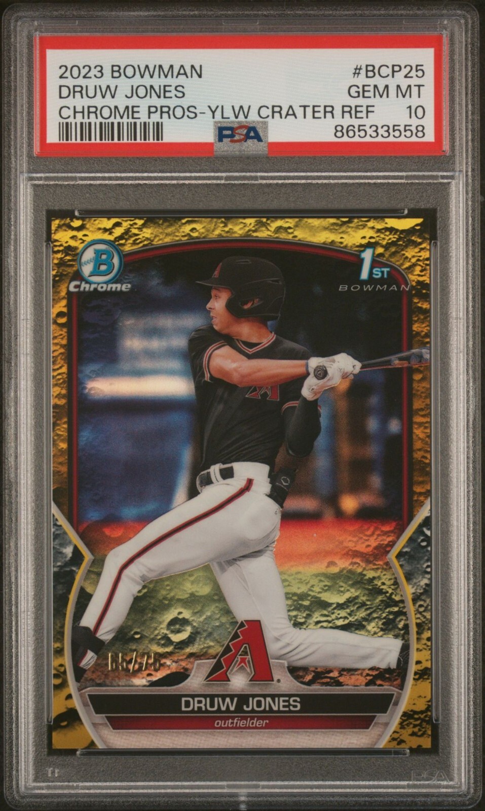Druw Jones 2023 Bowman Chrome Yellow Lunar Refractor Card 65/75 #BCP-25 PSA 10