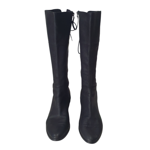 Wittner Size 42 Black Waxy Creased Leather Almond Toe Lace Up Back Knee Hi Boots - Picture 2 of 12