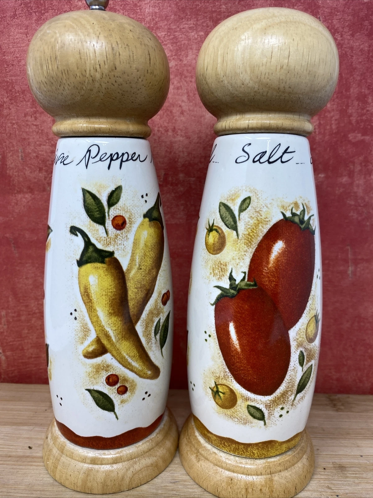 Ceramic Wood Salt Shaker & Pepper Grinder/Mill 8.5”, Tomato Chili Pepper French