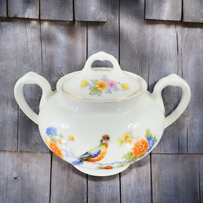 TK Thun Bohemia Czechoslovakia Sugar Bowl Porcelain Bird Flowers Pattern Vintage