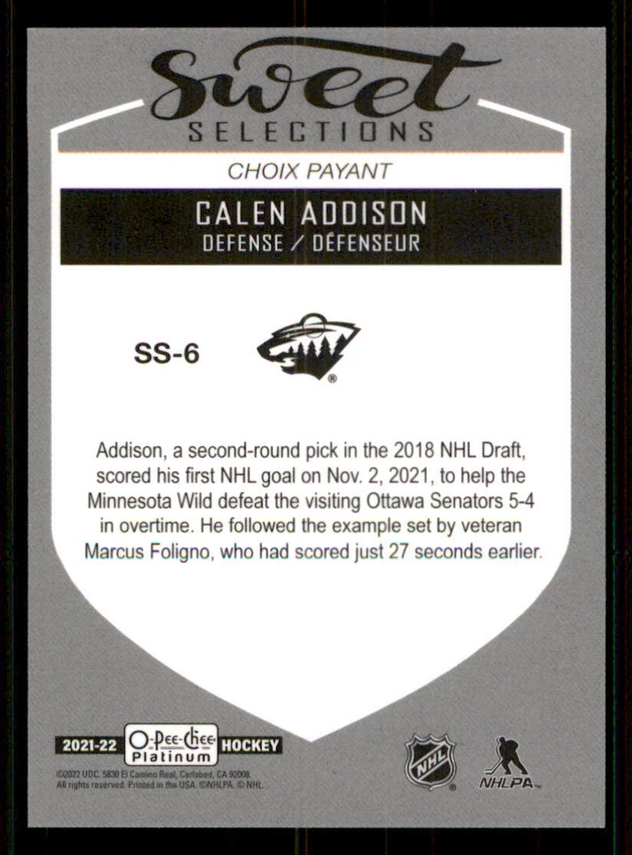 2021-22 O-Pee-Chee Platinum Sweet Selections #SS6 Calen Addison - Image 2 of 2