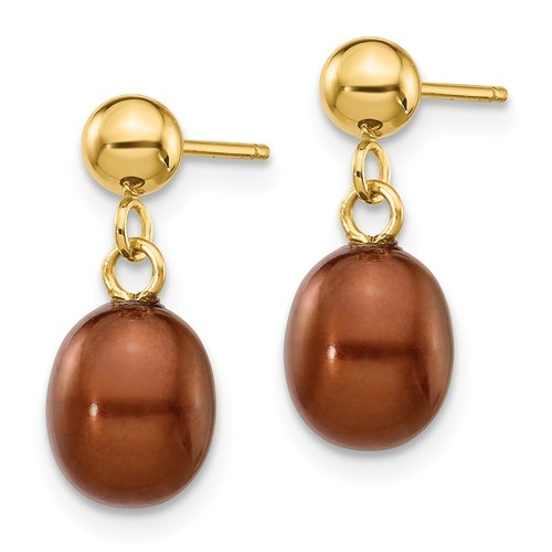 14k Yellow Gold 6-7mm Brown Rice Freshwater Cultured Pearl Dangle Post Earrings - Picture 2 of 3