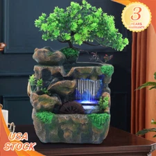 Water Fountain Tabletop Indoor Small Rock Waterfall Zen Decor with LED Light New