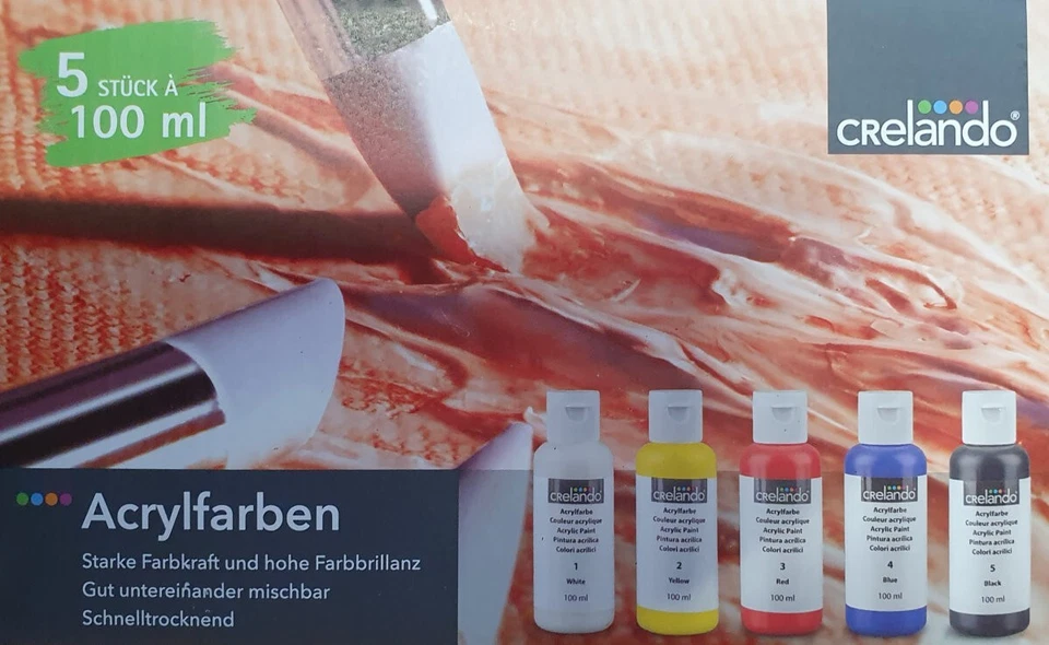 Crelando Acrylfarben Set 5 Tuben je 100 ml Acryl Farbset schnelltrocknend