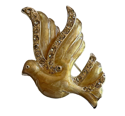 Monet Pin Brooch Dove Flying Bird Enamel Rhinestone Cream Holiday Signed Vintage - Picture 2 of 7