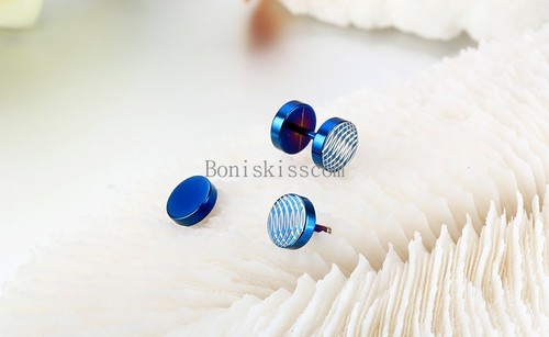 Men's Stainless Steel White Helicoid Pattern Dumbbell Ear Blue Stud Earrings - Picture 2 of 3