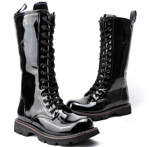 Mens Patent Leather Combat Punk Boots Military Knee High Motorcycle Mid Calf NEW - Picture 8 of 14