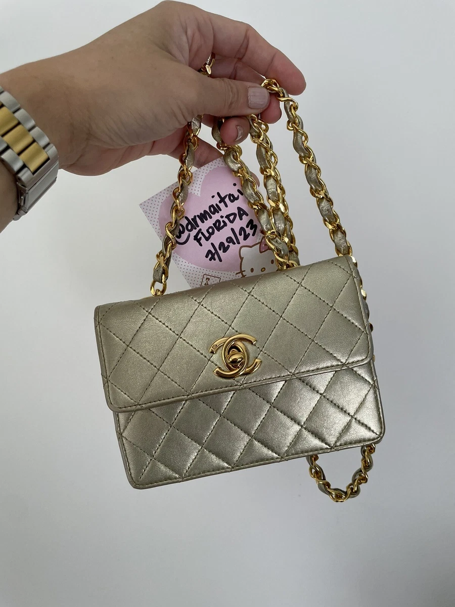 Chanel Metallic Gold Quilted Lambskin Extra Mini Chain Flap