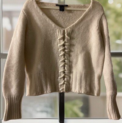 Boston Proper 100% Cashmere Sweater Womens size L Ivory Lace Up Long Sleeve
