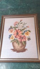 Beautiful Vintage Completed Floral Center Blue Needlepoint Canvas Framed