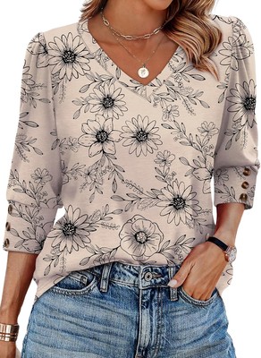 Womens 3/4 Sleeve V-Neck Button Top Casual Blouse for Summer Vacation
