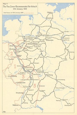 Invasion of Germany. 5 Angriffszonen 19. Januar 1945. Karte Zweiter Weltkrieg 1961