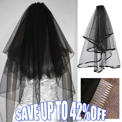 Black Wedding Veil Bridal Satin Edge Double Layer with Comb Halloween Makeup - Image 1 of 4