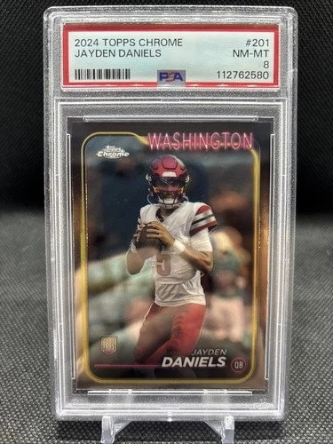 2024 TOPPS CHROME #201 JAYDEN DANIELS ROOKIE RC PSA 8 NM-MINT COMMANDERS CARD