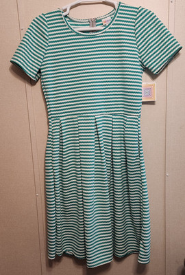 NWT LuLaRoe Amelia Dress Women's XL Teal White Textured Striped Pleated Pockets