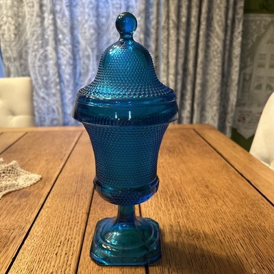 vintage L.E. Smith blue or turquoise blue hobnail Apothecary Jar 11'' Tall MCM