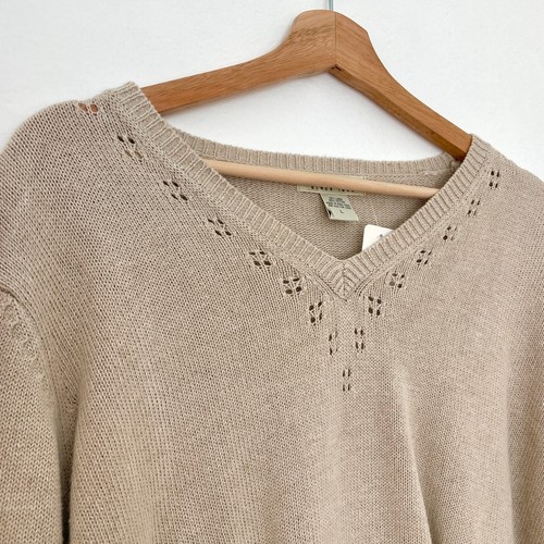 Eddie Bauer – Vintage Linen-Cotton Blend Oatmeal Crochet Knit Sweater Size L - Picture 2 of 6