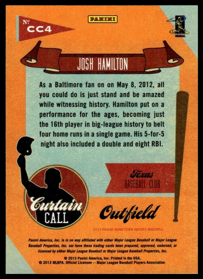 2013 Panini Hometown Heroes #CC4 Josh Hamilton Curtain Call - Image 2 of 2