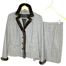 Vintage ALGO COUTURE Tweed Skirt Suit Real Mink Fur Trim Wool Silk Cocktail Sz 8