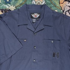 Harley Davidson Garage Work Shirt Blue Short Sleeve Button Up Embroidered Large