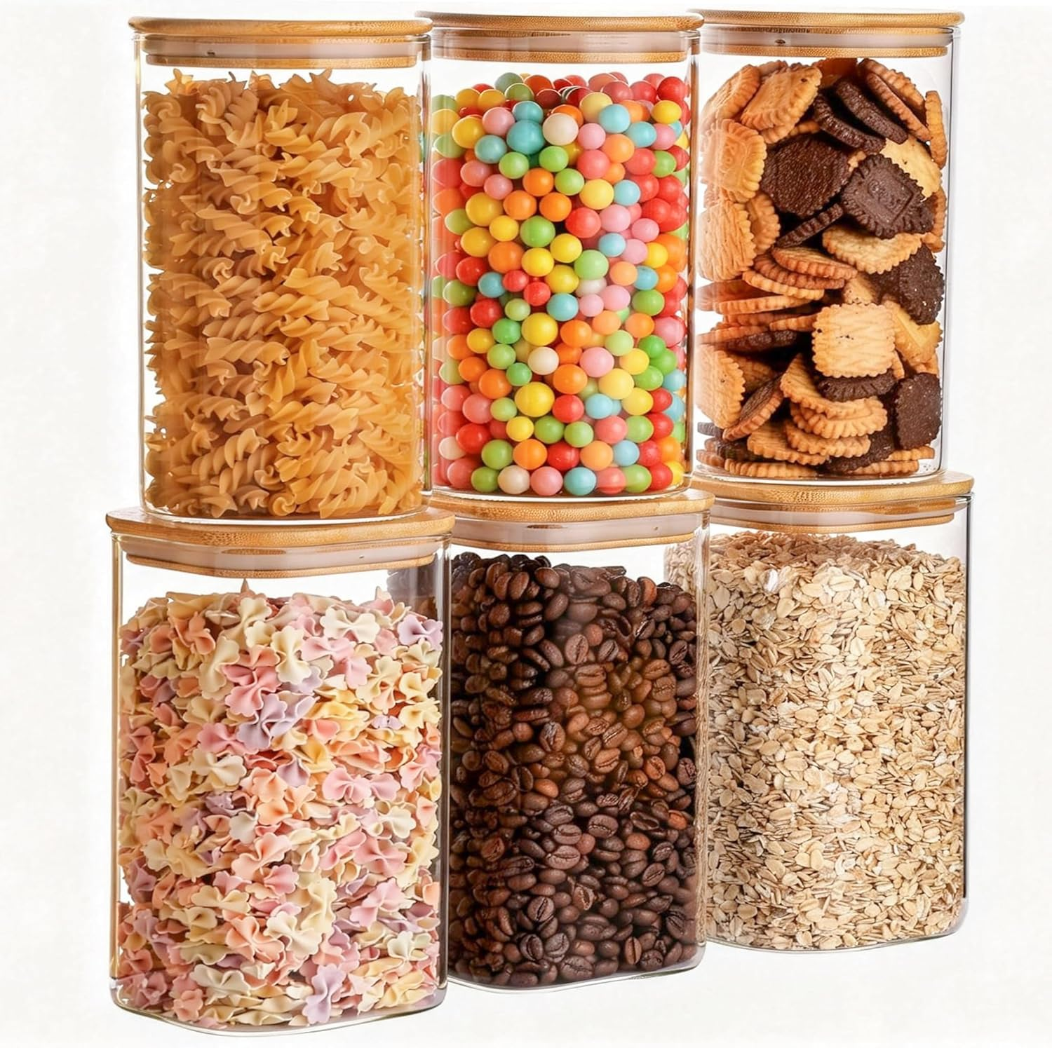 6-Pack Glass Food Storage Jars Set (3 Square + 3 Round), 37Oz Airtight Clear Can