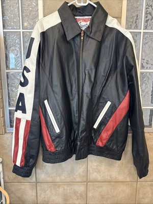 Vintage USA Flag Leather Mens Jacket, 2XL, Olympics