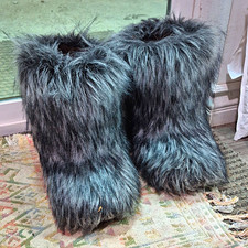 Womens Gray Faux Fur Bootie Slippers Slip-On ...