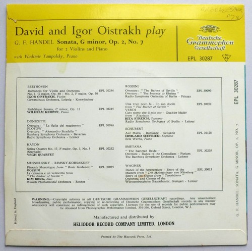 David & Igor Oistrakh Play Handel Sonata E Minor Opus 2 EP Deutsch Grammophon EP - Picture 3 of 9