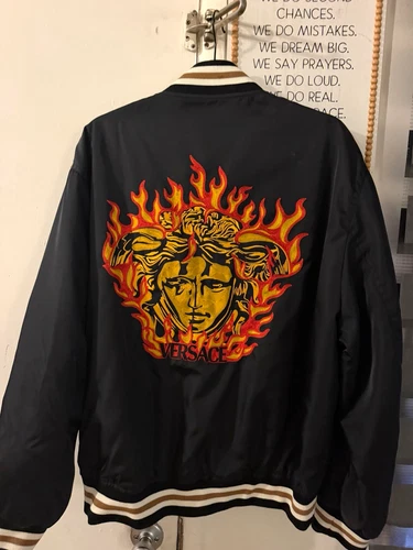 Versace Men’s Black Satin Bomber Jacket Medusa Flame Embroidered Button L - product listing photo