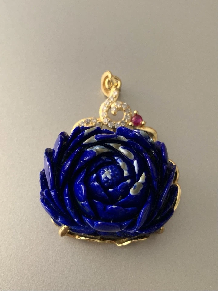 Colgante de Lapislázuli Natural Hecho a Mano Flor Tallada Plata de Ley 925 Regalo Foto 2 de 4