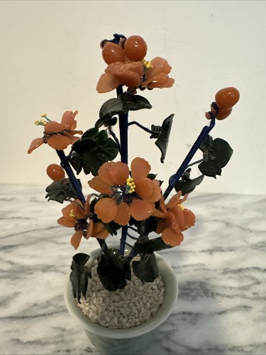 Vintage Chinese Jade Glass Bonsai Tree Asian Pink Flowers Ceramic Celadon Pot - Picture 8 of 12
