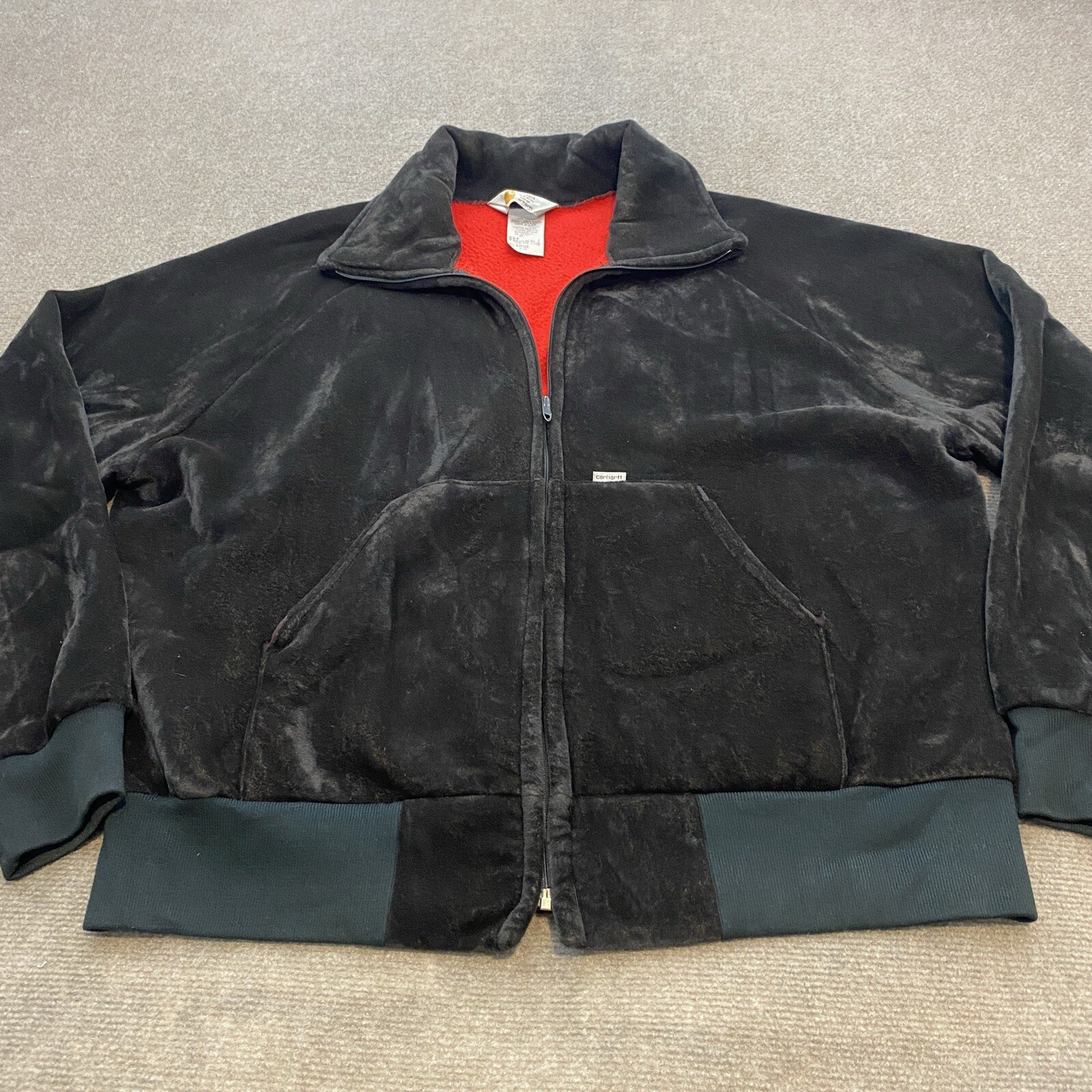 Vintage 80s Carhartt Velour Bomber Jacket Mens XL Black Red Lined