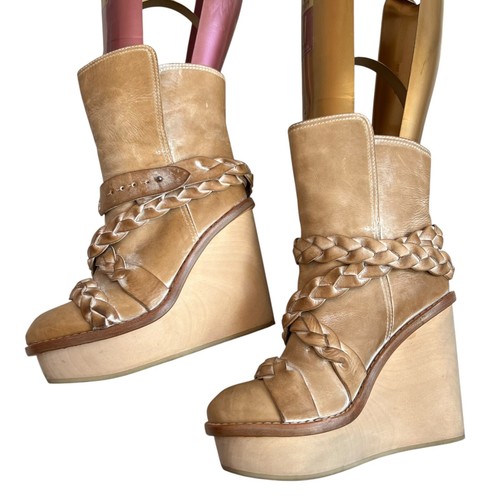 Acne Studios Oleander boot 37 US womens 7 waxed tan leather wood wedge braided - Picture 6 of 14